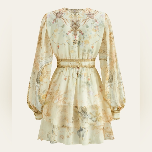 Commense Cream Floral Chiffon Long Sleeve Dress - Picture 3 of 8